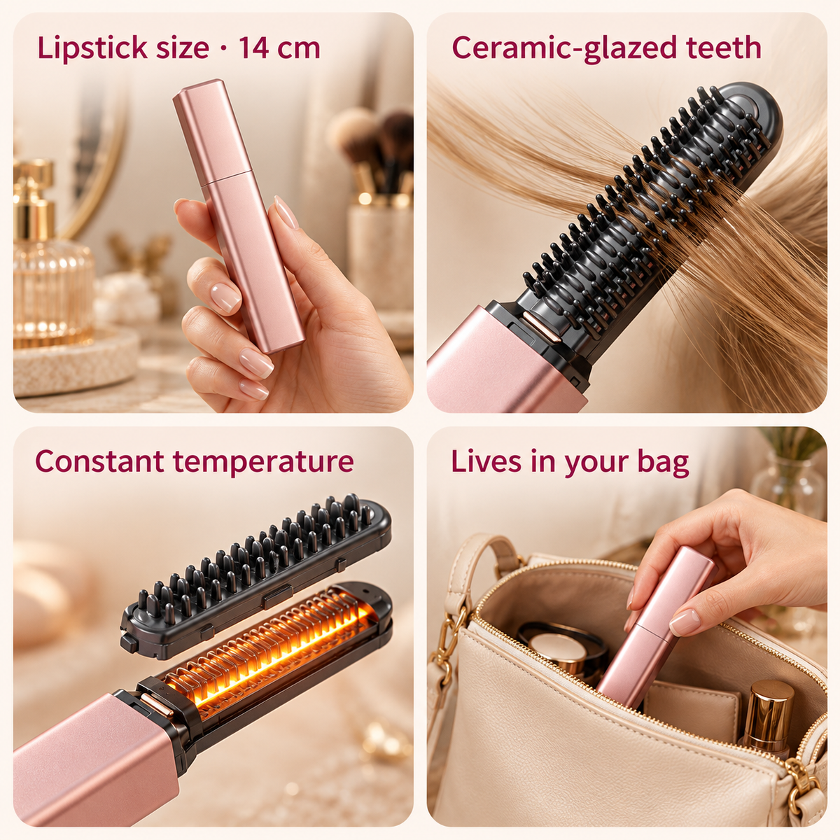 Oaklo Cordless Bangs Comb features: lipstick size 14 cm, ceramic-glazed teeth, constant temperature, lives in your bag
