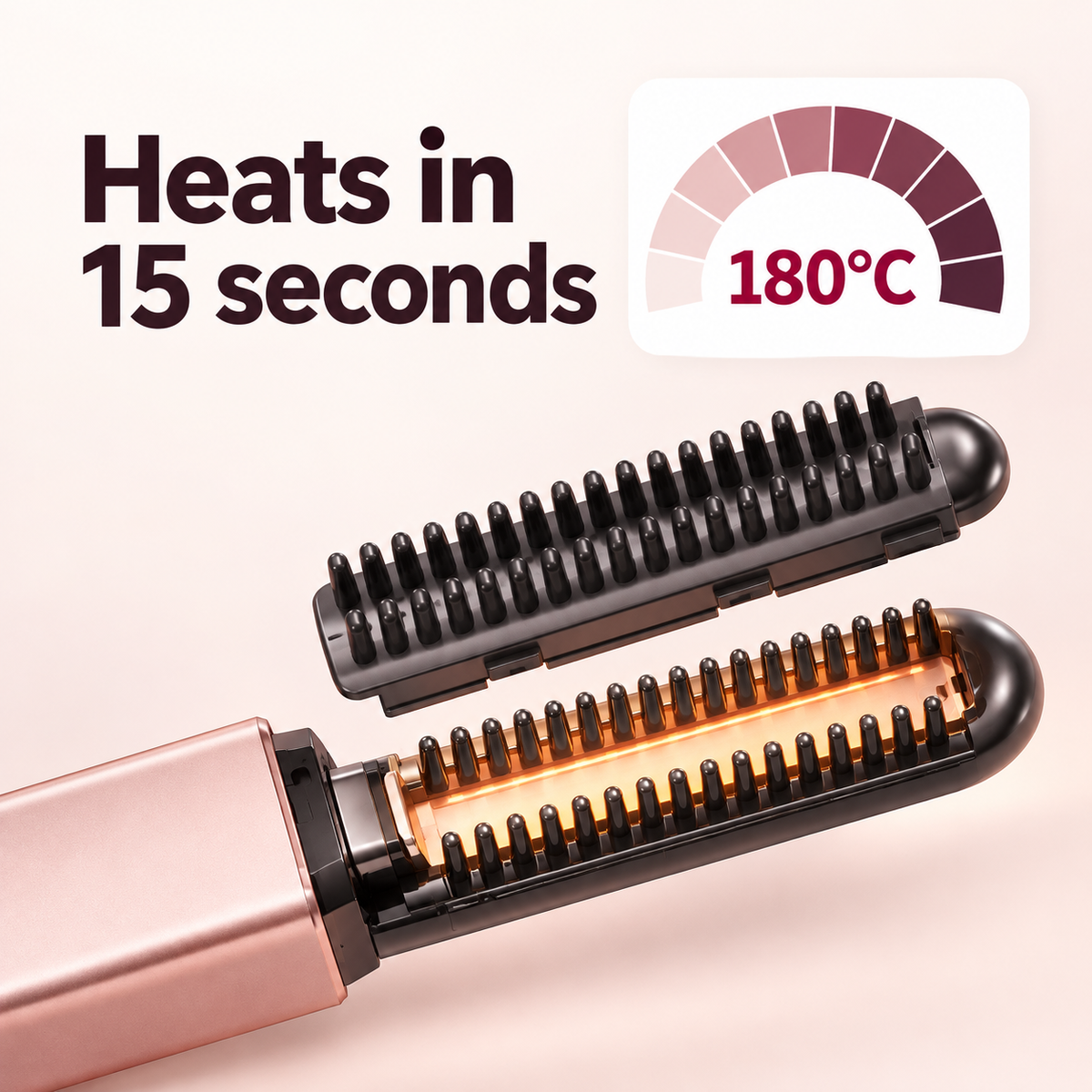 Oaklo Cordless Bangs Comb heats in 15 seconds to 180°C, with the comb head opened to show the heating plate