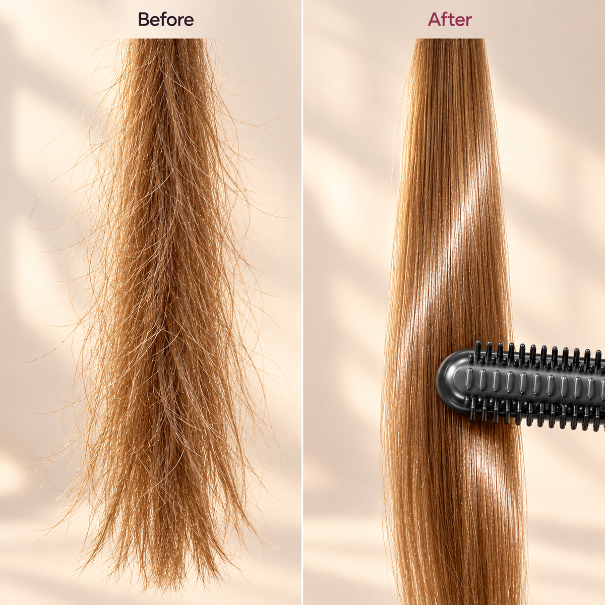 Before and after: a frizzy lock of blonde hair next to the same lock smooth and glossy with the comb head