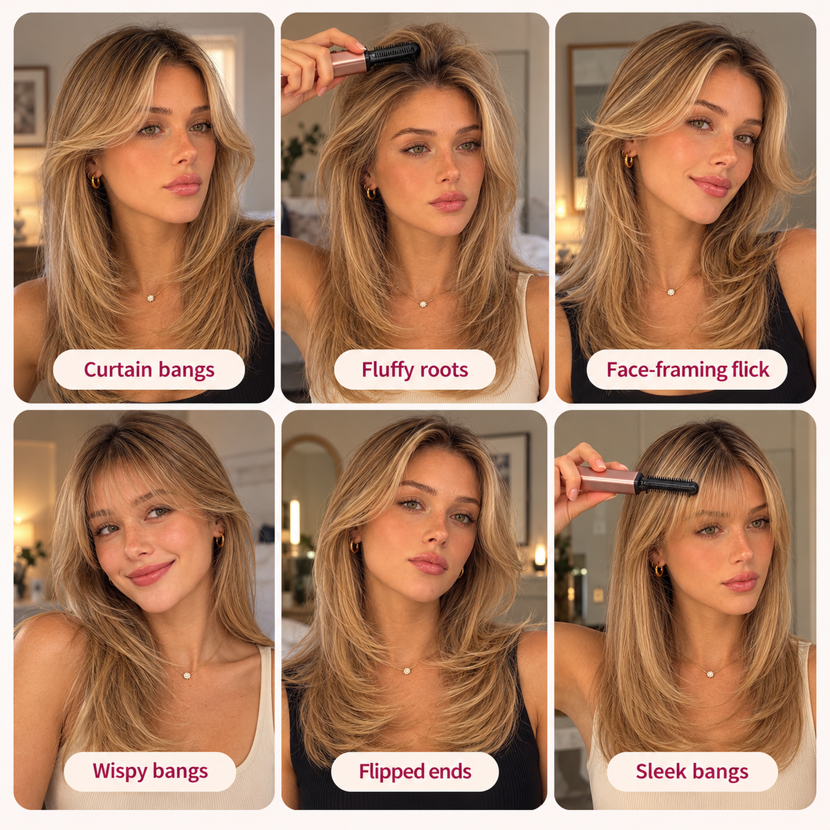 Six looks made with the bangs comb: curtain bangs, fluffy roots, face-framing flick, wispy bangs, flipped ends, sleek bangs