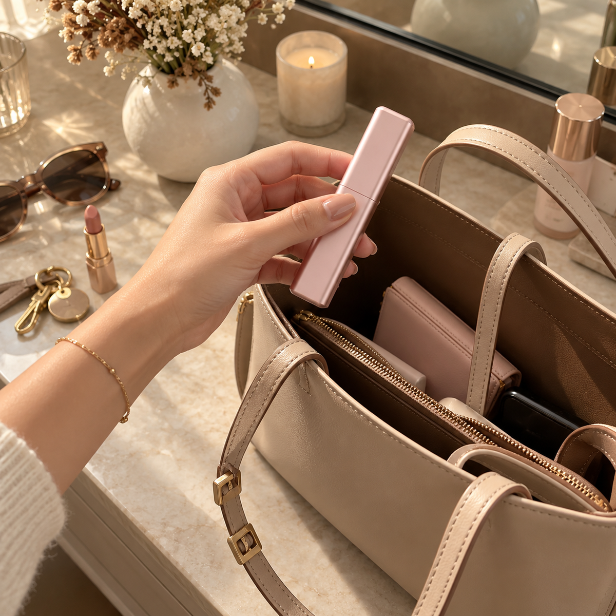 Hand dropping the capped Rose bangs comb into a cream leather handbag on a warm vanity
