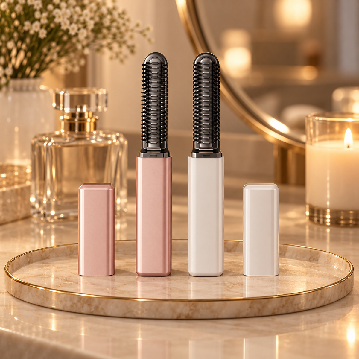 Oaklo Cordless Bangs Comb in Rose and Pearl with their caps on a marble vanity tray