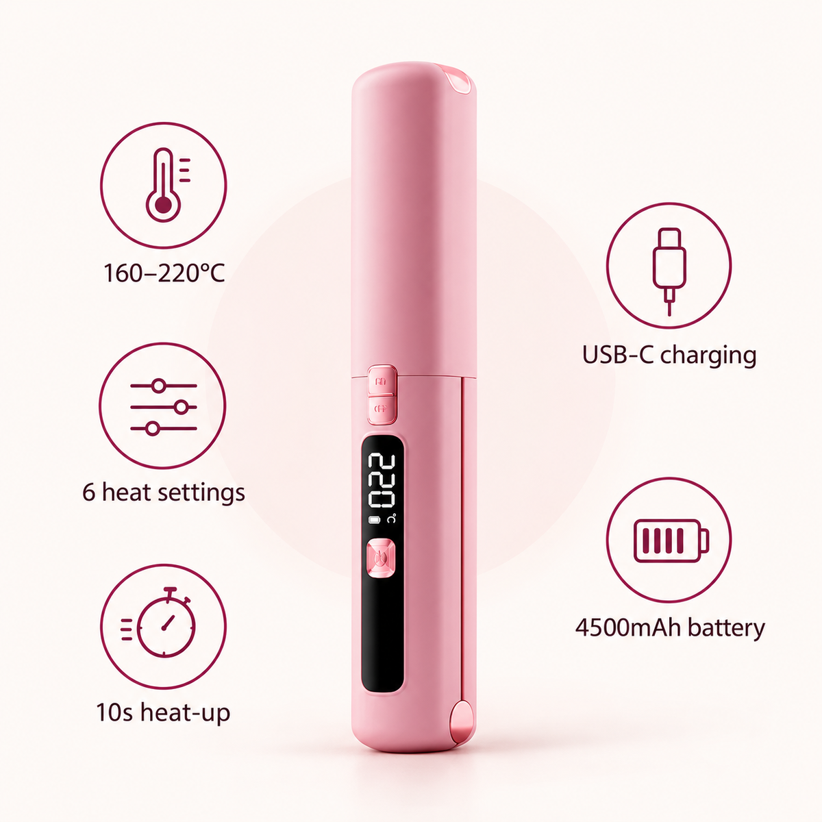 Oaklo Pocket Flat Iron specs: 160–220°C, 6 heat settings, 10s heat-up, USB-C charging, 4500mAh battery