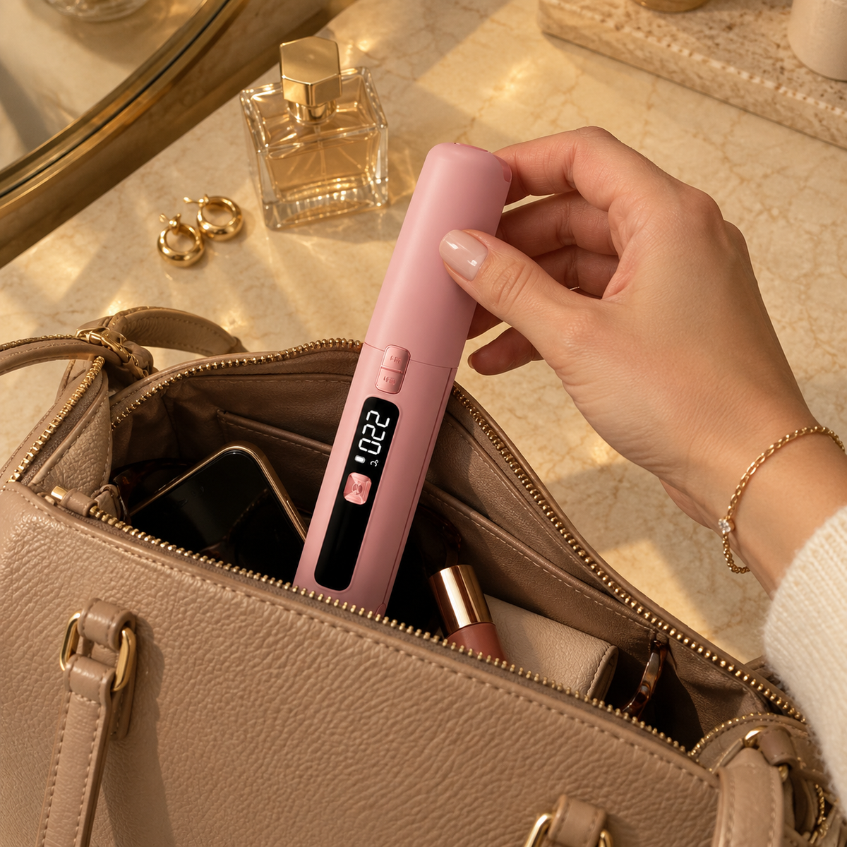 Hand dropping the capped pink Pocket Flat Iron into a taupe leather handbag
