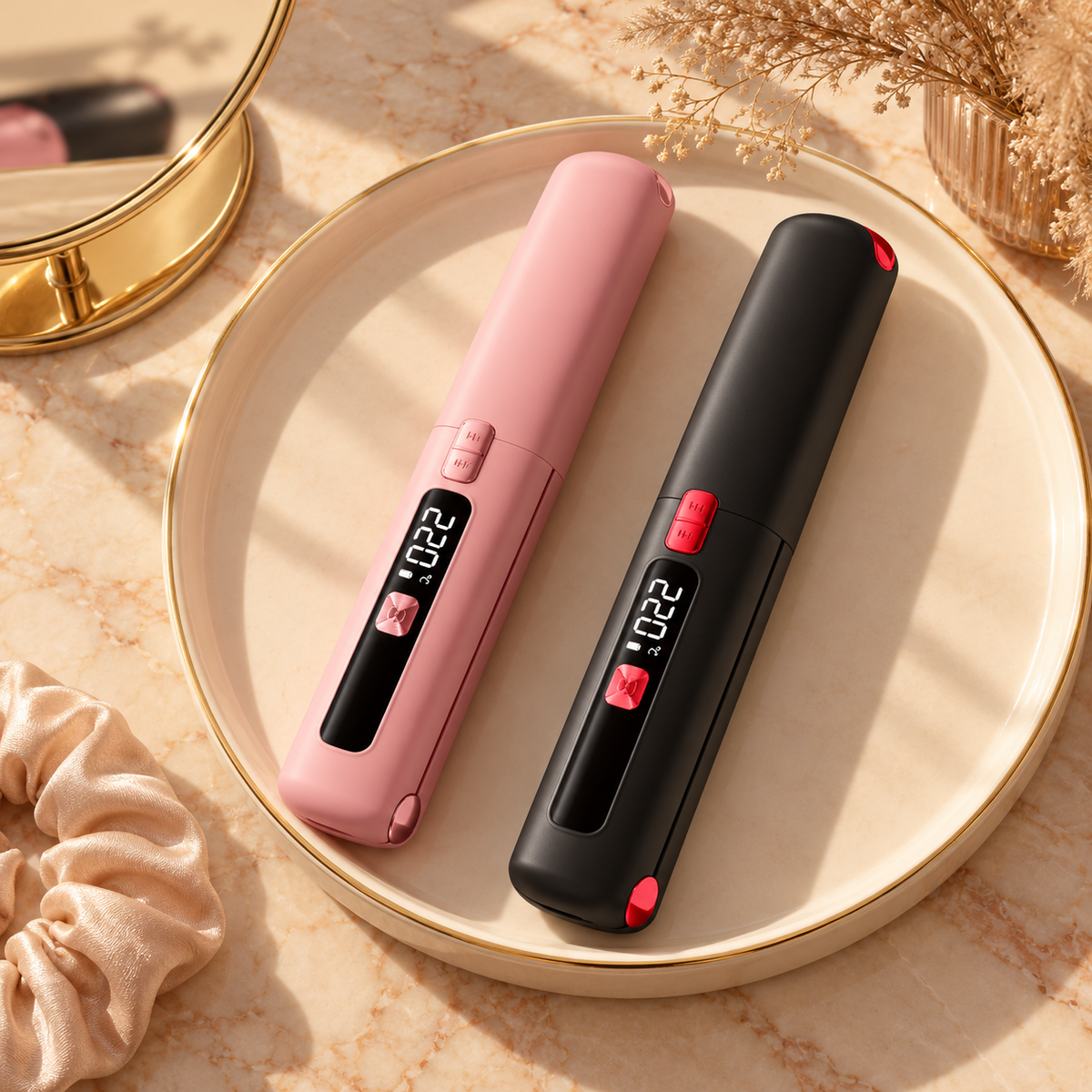 Oaklo Pocket Flat Iron in Pink and Black on a cream vanity tray