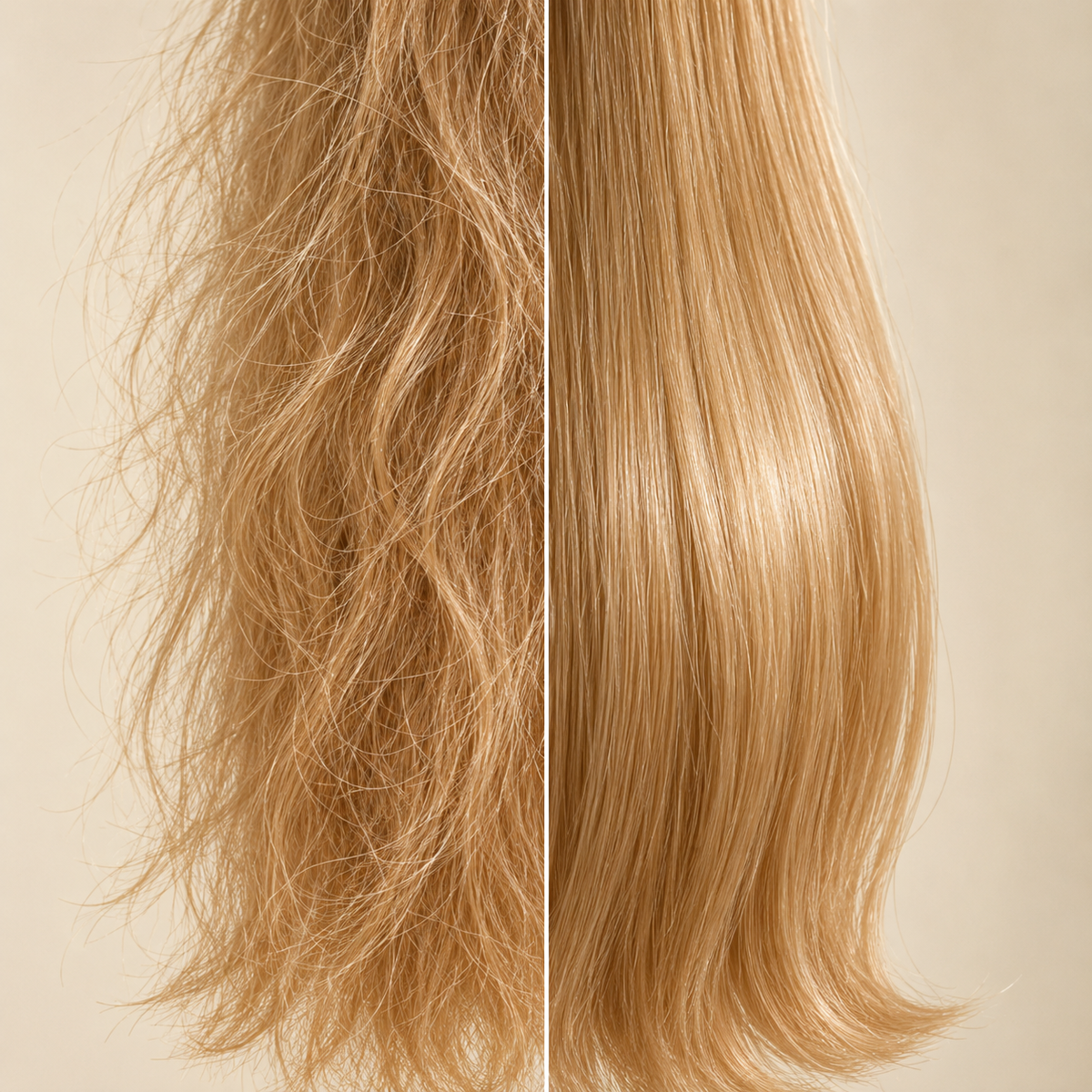 Before and after: a frizzy lock of blonde hair next to the same lock smoothed and glossy