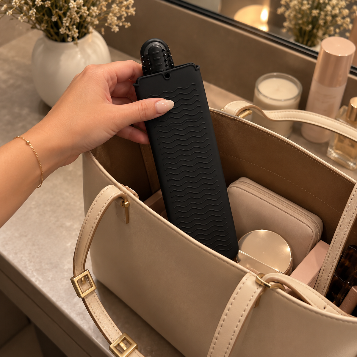 Oaklo™ Heat-Safe Travel Pouch in Black, bangs comb inside, going into a cream leather handbag