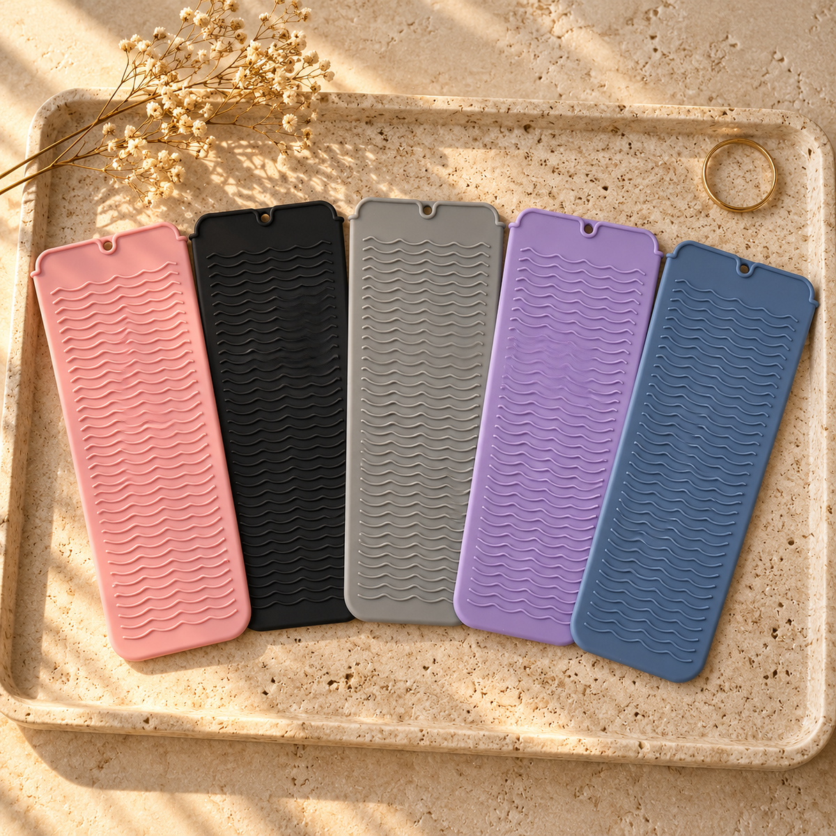 Oaklo™ Heat-Safe Travel Pouch laid flat in Blush Pink, Black, Grey, Lavender and Slate Blue