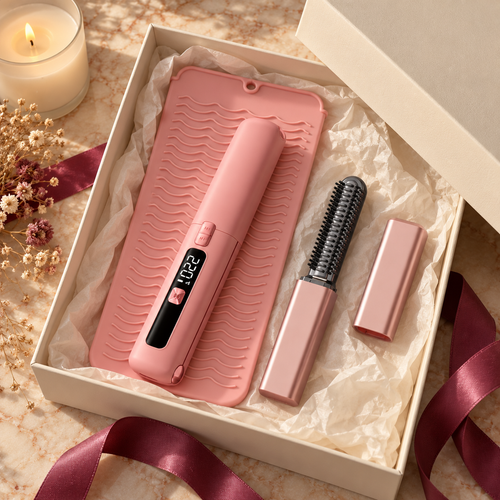 Oaklo Hot Tools Set in an open cream gift box: pink Portable Mini Straightener, Rose Portable Mini Hair Styler and blush pink Mini Heat-Safe Pouch with a berry ribbon