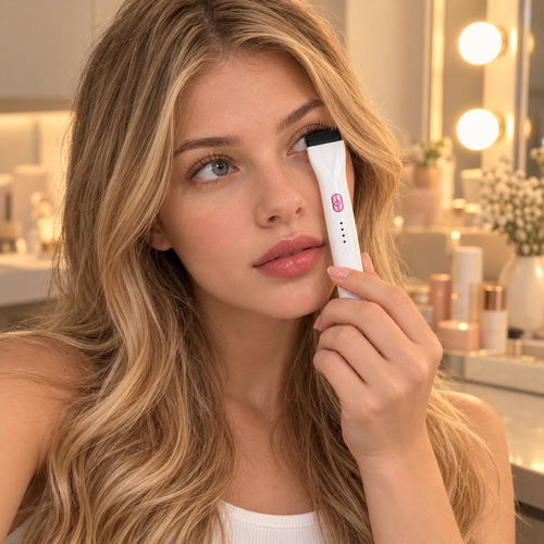 Woman curling her lashes with the Oaklo™ Portable Mini Lash Curler at a warm vanity mirror