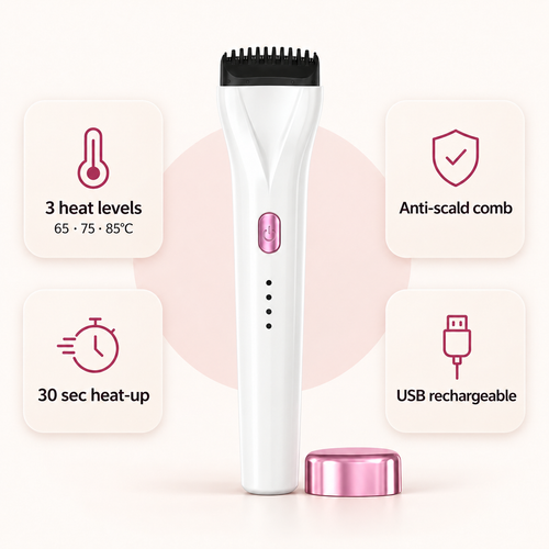 Oaklo™ Heated Lash Curler: 3 heat levels 65, 75, 85°C, 30 sec heat-up, anti-scald comb, USB rechargeable