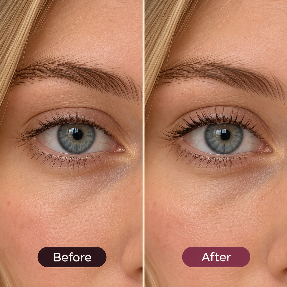 Natural lashes before and after the Oaklo™ Heated Lash Curler