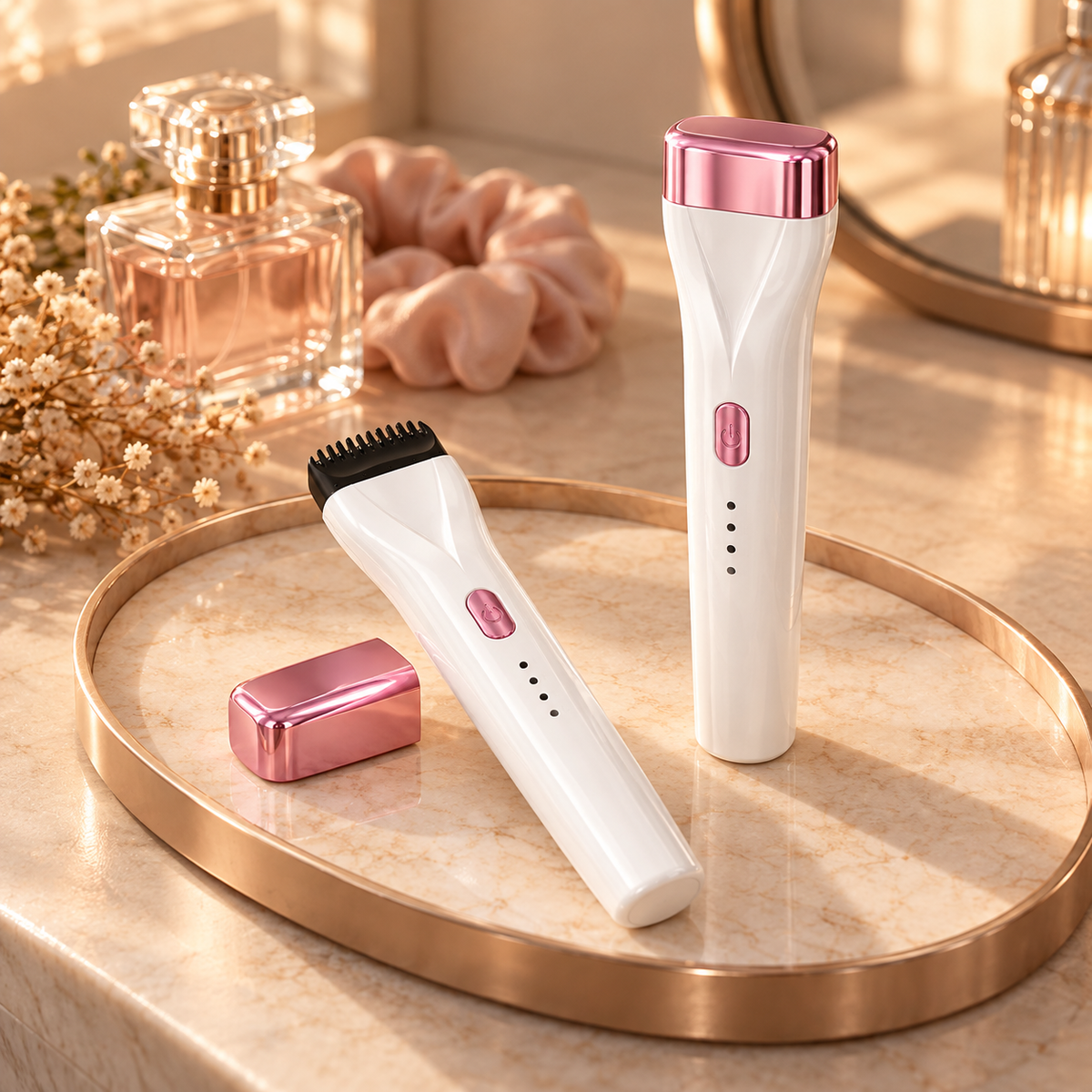 Oaklo™ Heated Lash Curler in Pearl with its rose-pink cap on a vanity tray