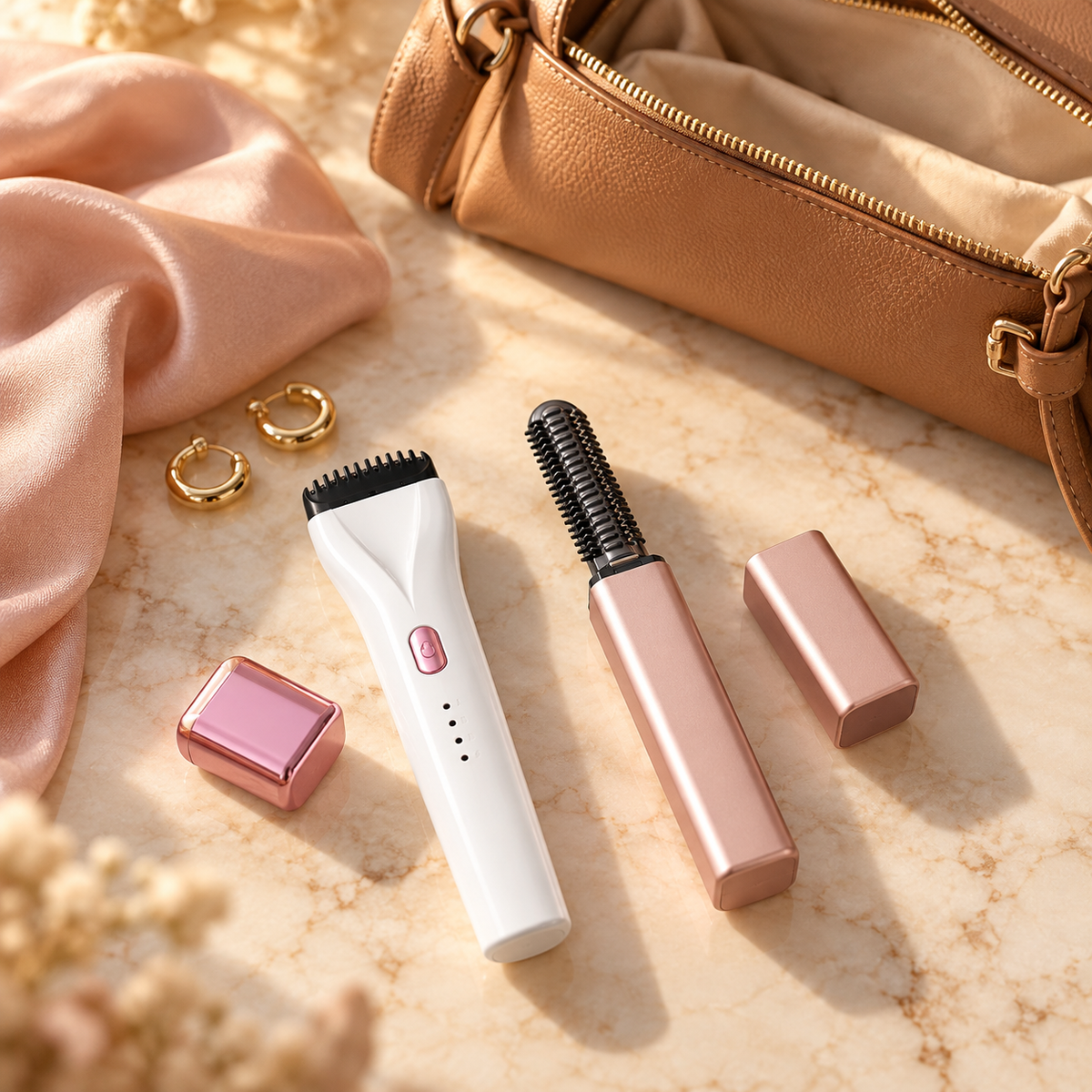 Oaklo™ Heated Lash Curler and Oaklo™ Cordless Bangs Comb in Rose beside an open leather bag