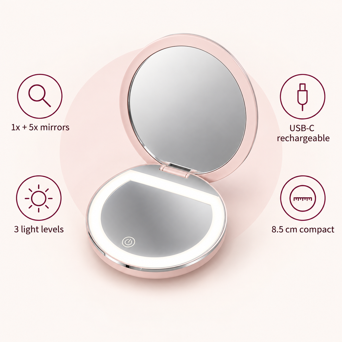 Oaklo Glow Pocket Mirror specs: 1x and 5x mirrors, 3 light levels, USB-C rechargeable, 8.5 cm compact