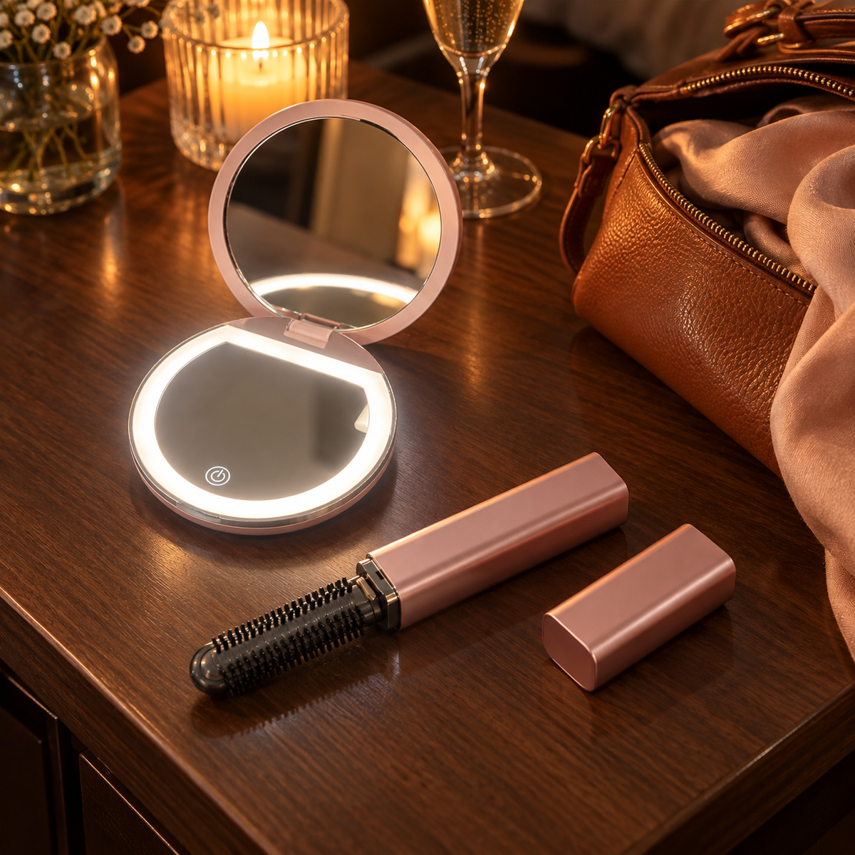 Rose Glow Pocket Mirror lit up next to the Oaklo Cordless Bangs Comb and an open leather bag