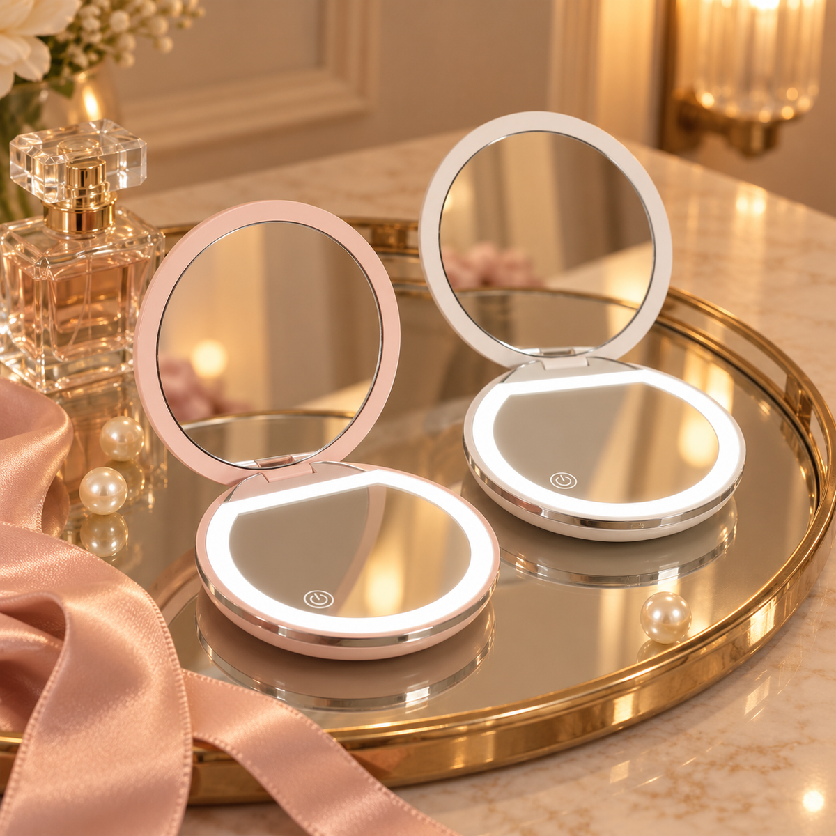 Oaklo Glow Pocket Mirror in Rose and Pearl, both open with the light on, on a vanity tray