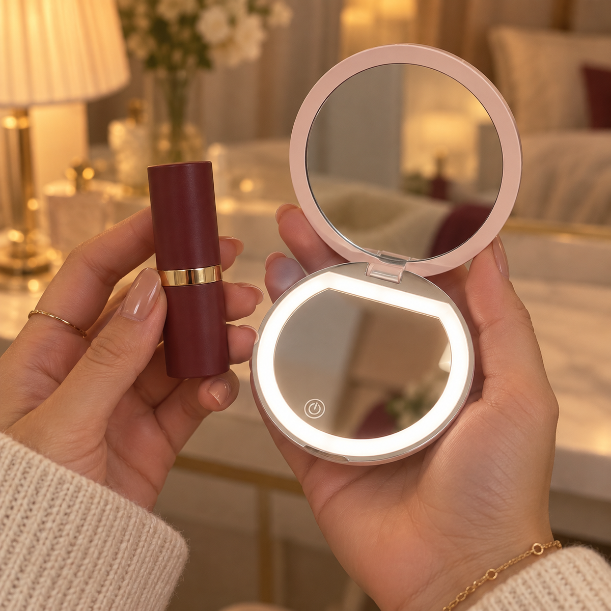 Rose Glow Pocket Mirror held open in one hand next to a lipstick to show its size